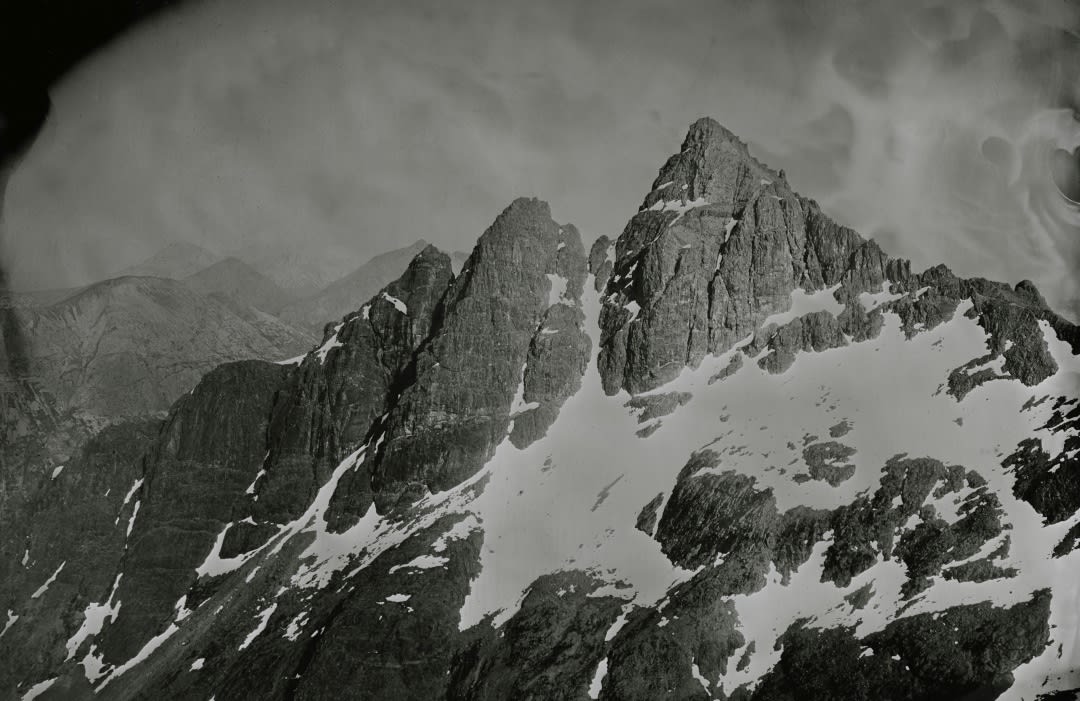 Alex Boyd,Sgurr Nan Gillean, The Peak of the Young Men is one of the highest peaks of the Cuillin Mountain range on the Isle of Skye. This image was made and developed from nearby on the peak of Bruach na Frìthe (958m)., black and white mountain landscape