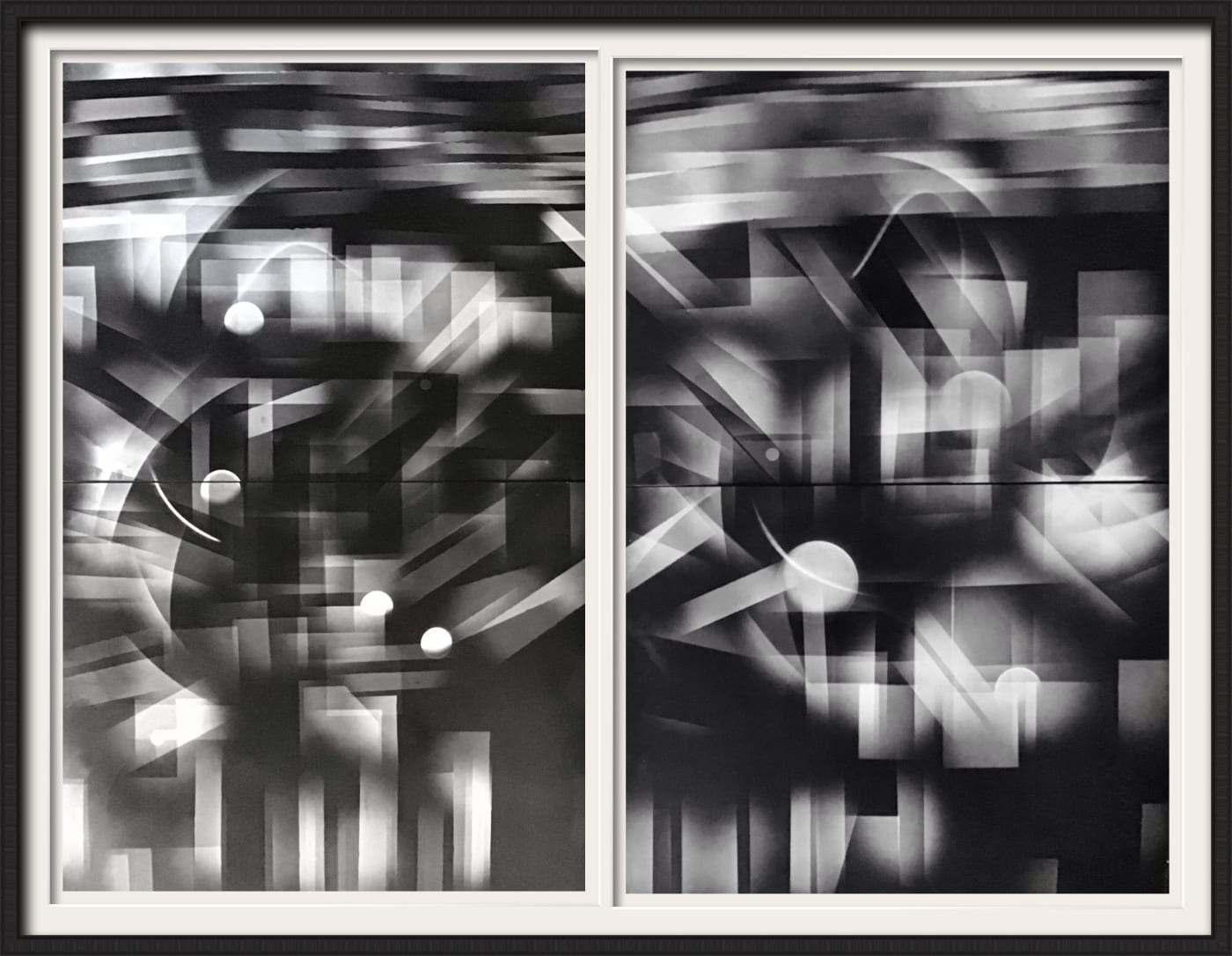 Contemporary, modern print, artwork, New York City and the Hudson river in abstract expressionistic vision by Mike G Jackson, British artist, the print is black and white, showing the city and the water, river in a bold cubistic shapes, imaginative piece,