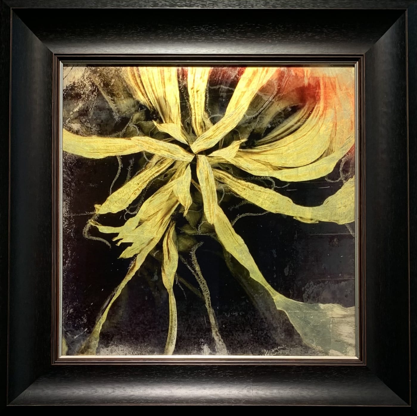 Sunflower with Gold leaf by Valda Bailey, on view at Savoy London and available to purchase at MMX gallery, fine art print on glass, yellow, gold summer vibes