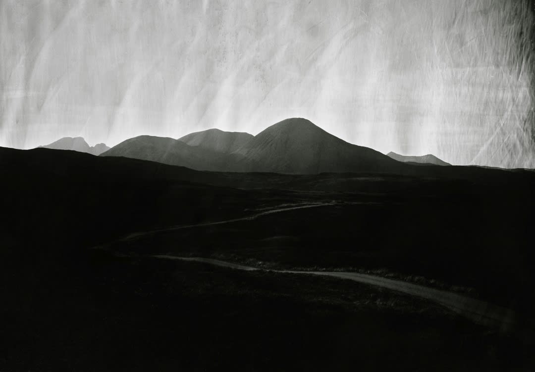 Alex Boyd,The road to Heasta on the Isle of Skye with a view of Beinn na Caillich and Blaven beyond, Scottish landscape, mountains, large black and white fine art print, mmx gallery, framed, pigment print from wet plate collodion