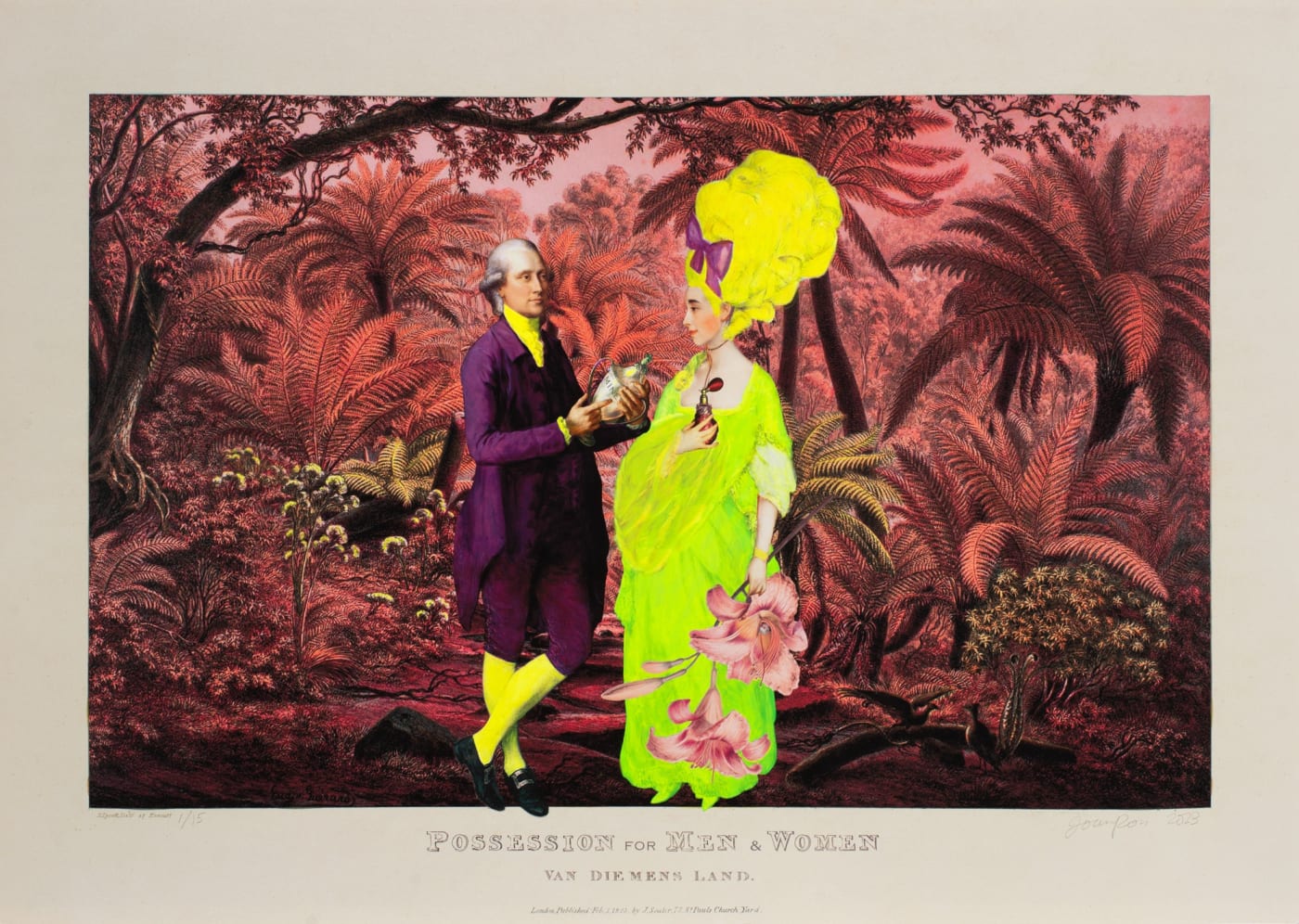 Joan Ross Possession for men & women - Van Diemens Land, 2024 hand-painted pigment print on cotton rag paper 68 x 98 cm (sheet) unique state print