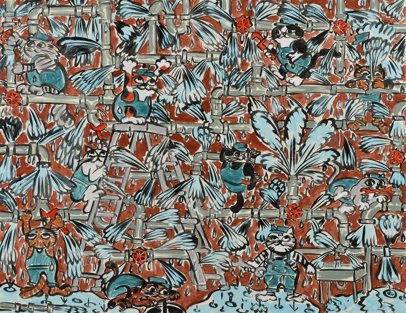 Nobuaki Takekawa, Cat Repairing Water Leak, 2019, Acrylic on canvas, 112 x 145.5 cm
