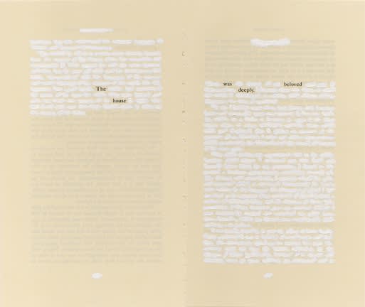 John Latour, The house was beloved deeply, 2005, printed text on acid-free paper with acrylic paint, 20.5 x 24.8 cm, private collection