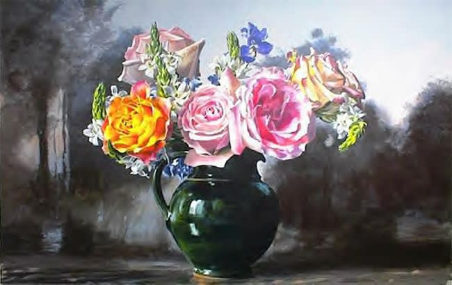 Ben Schonzeit "Roses in Green Pitcher" 86.5 x 137 cm Acrylic on Linen