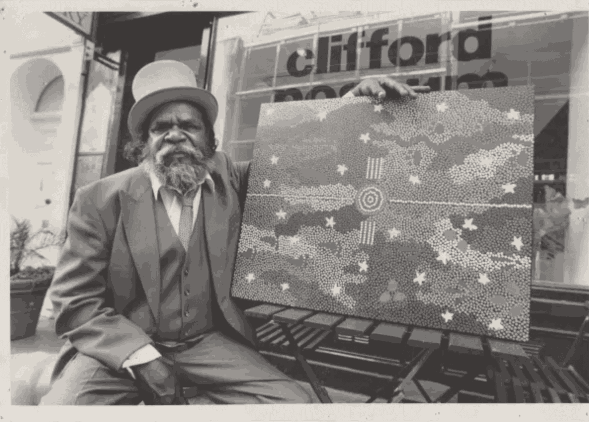 Clifford Possum with the painting he presented to Queen Elizabeth II, 20 July 1990