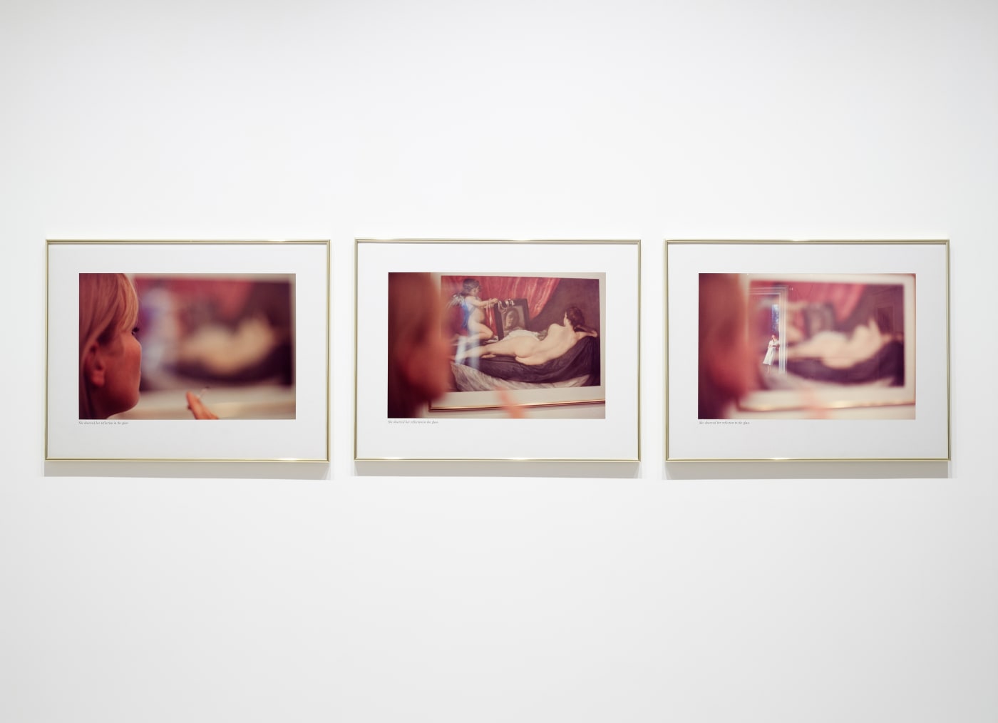 John HILLIARD 1945 - She observed her reflection in the glass, 1976 Each signed, dated and titled on the reverse. Set of 3 colour photos mounted on board with lettraset text. Unique Each work signed and dated on reverse: 37.3 x 55.8 cm (JHD076)