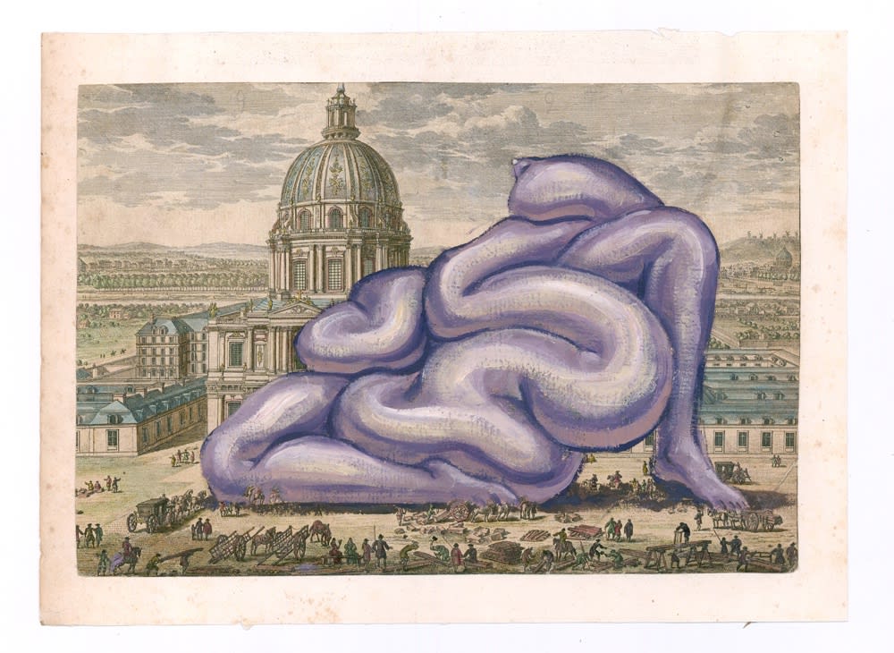 DANIEL HOROWITZ - MONUMENTUM AFTER JEFF KOONS' BALLOON SCULPTURE - 2016 - OIL ON ANTIQUE ENGRAVING - 25 X 35 CM