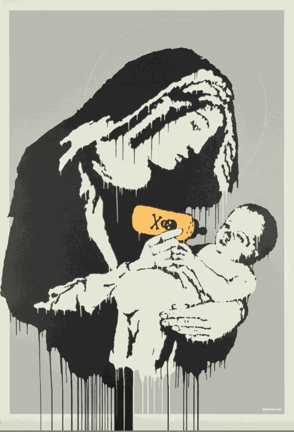 Mother Mary holding baby Jesus in arms feeding pose with baby bottle with toxic chemical logo on it with yellow bottle, bottle, baby, Mary magdelane, street art graffiti, toxic, Mary,