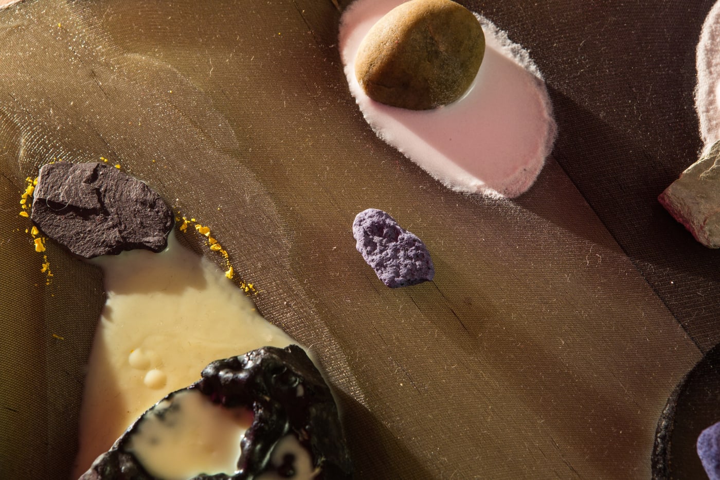 Samara Scott Sogetsu (heaven), 2014 Baking tray, tights, lenor fabric softener, avocado skin, aquarium rocks, potatoes