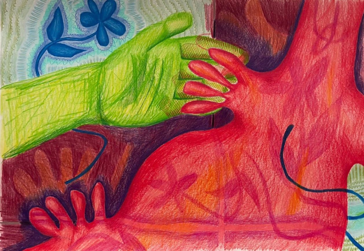 Faissal El-Malak, In the Palm of my Hand I hold a Multitude of Flowers, 2023, coloured pencil on paper, 29.7 x 42 cm