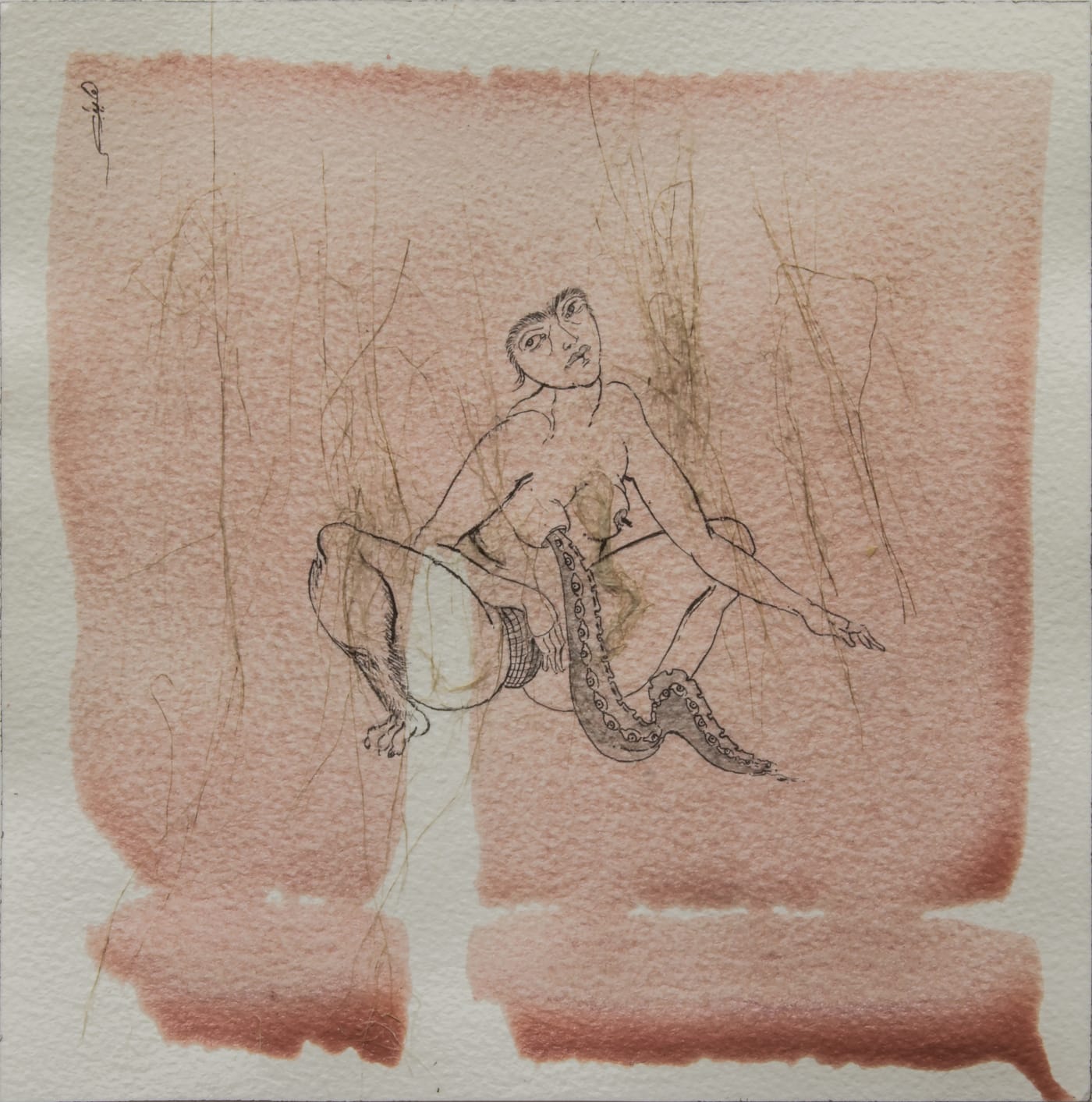 Hayv Kahraman, Torshi eye boobs drawing, 2023, Ink, Dried Pigment, Flax Fibers on Paper, 21.30 x 21.30 cm