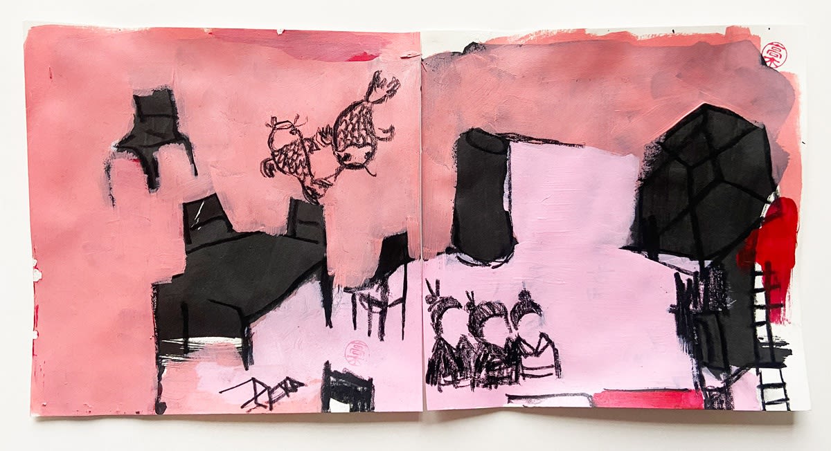 Emika Takaki corpo-casa-família: memórias afetivas , 2020 técnica mista sobre papel munken acrílica, carvão vegetal, nanquim e carimbo 15 x 30 cm