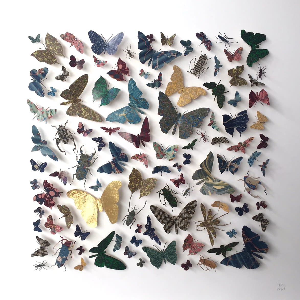 Helen Ward, 'Blue Wings I', Victorian handmade marbled paper, gold leaf, enamel pins, H 60 cm x 60 cm