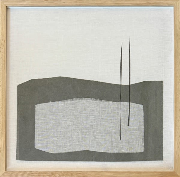 Jo Evans 100 Hours collaged tapestry of two semi-abstracted sunset landscape in greys