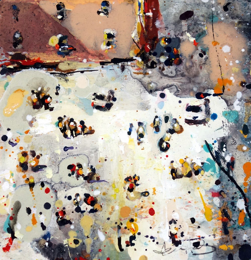 Andrew Hood oil piece, showing a view of Lucca, Tuscany, with lots of busy people and buildings within it. Painted in vivid spots of blues, yellows, oranges, red and black.