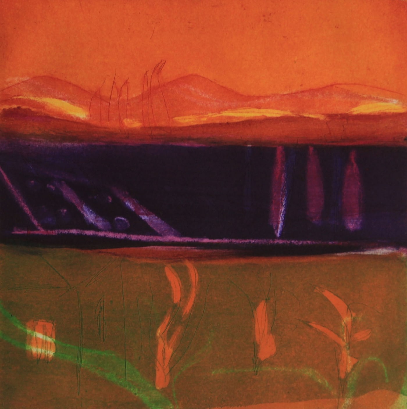 Louise Davies semi-abstract print of a sunset landscape dominated by burnt orange hues. The distant terrain is printed in a deep purple while the forefront is translucent green. Silouhettes of plant life are seen scattered around the scene.