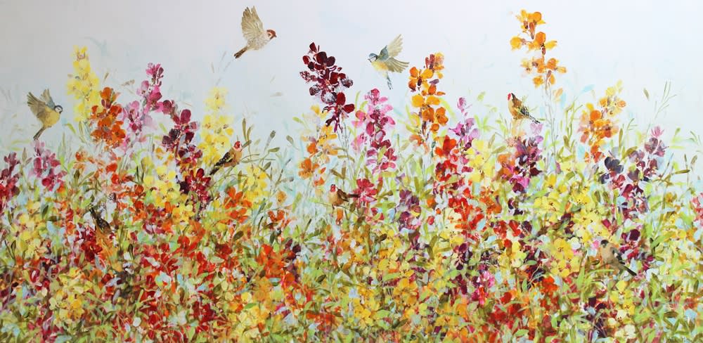 Flowers in vibrant shades of orange and red painted against a pale blue background by Fletcher Prentice.