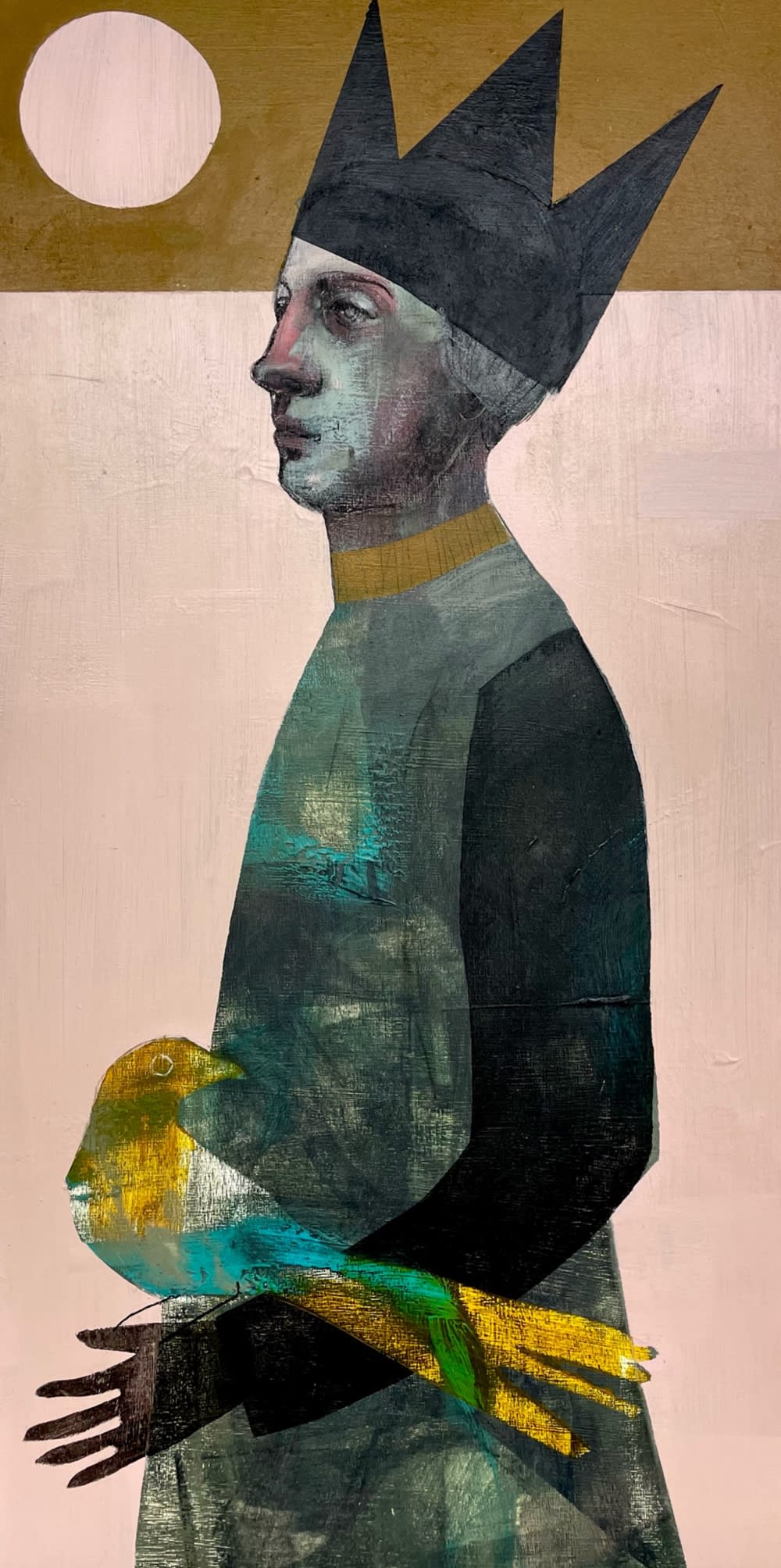 Letitia Thompson painting of a male figure with a crown and bird perched on his hands, painted in pinks, blues and yellows