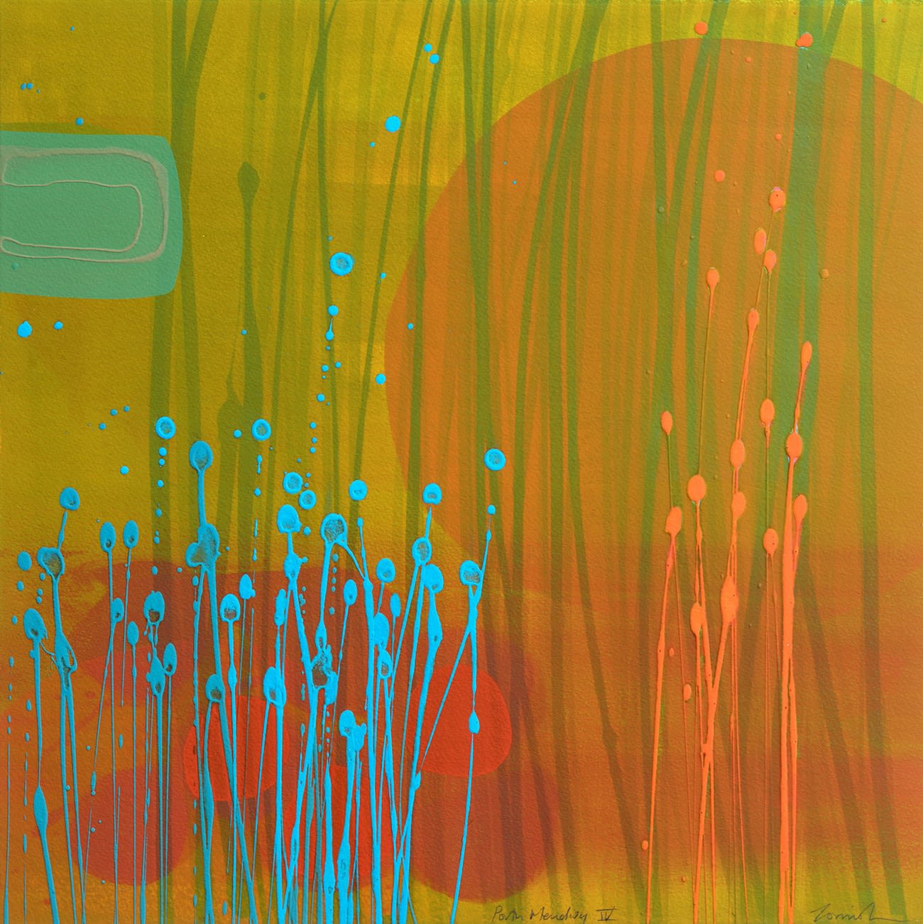 Charlotte Cornish abstract work in lime green and orange with drips of colour in light blue and green.