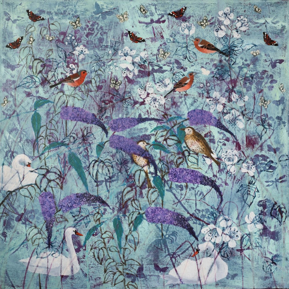 Dawn Stacey view of a buddleia and white flowers with birds and butterflies against a turquoise background, swans seen partly obscured by foliage.