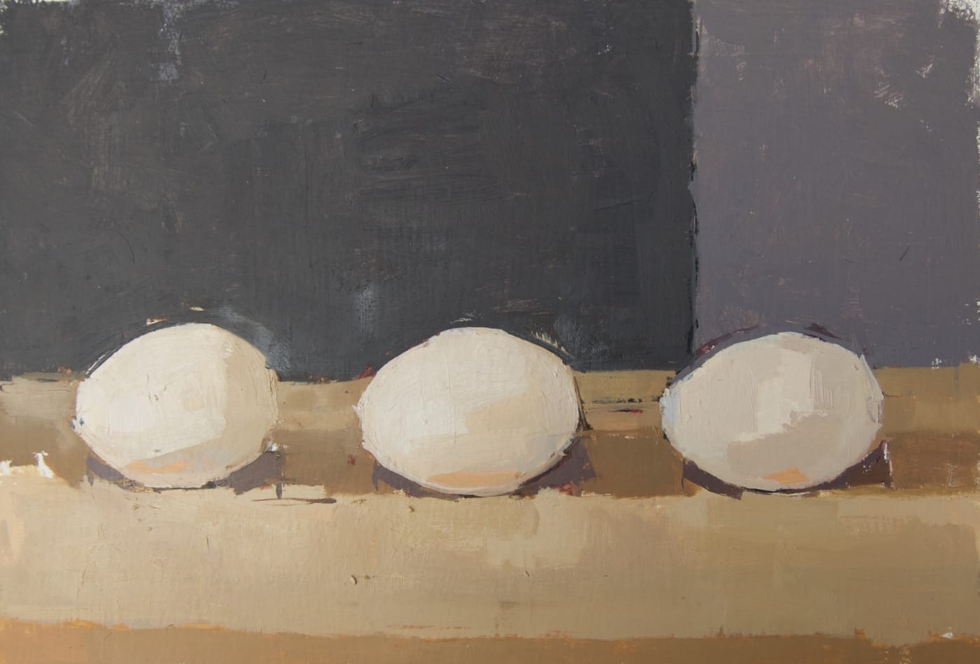 Still life painting of three duck eggs in a row by Sarah Spackman