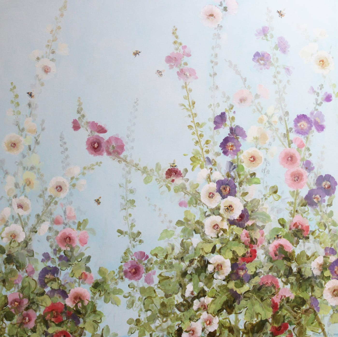 Fletcher Prentice study of flowers in pink and mauve painted in a fluid style against a pale blue background.