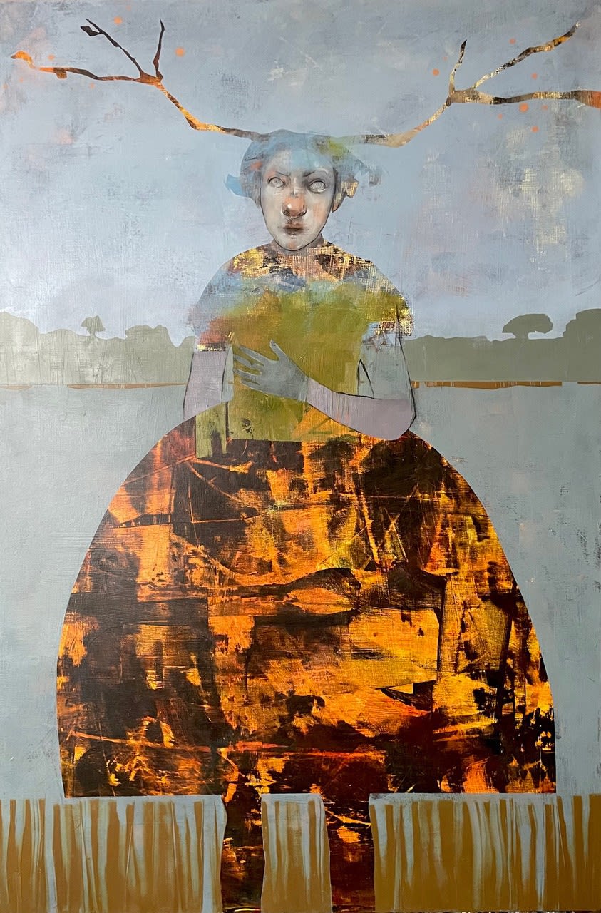 Letitia Thompson painting of a female figure with branches emerging from her head, painted in blues, greens, oranges and blacks