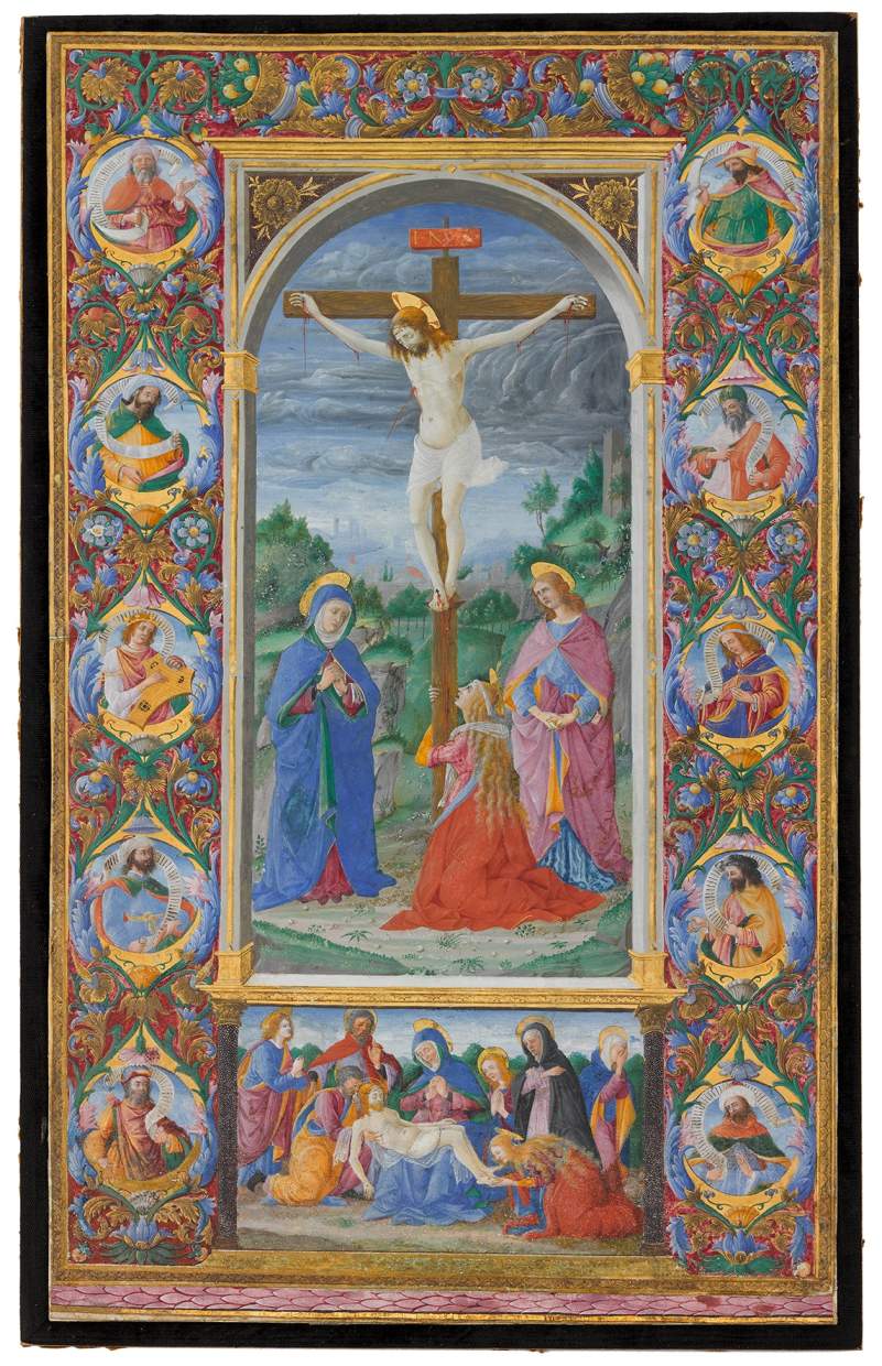 Crucifixion with Lamentation scene surrounded by figures of King David and Prophets