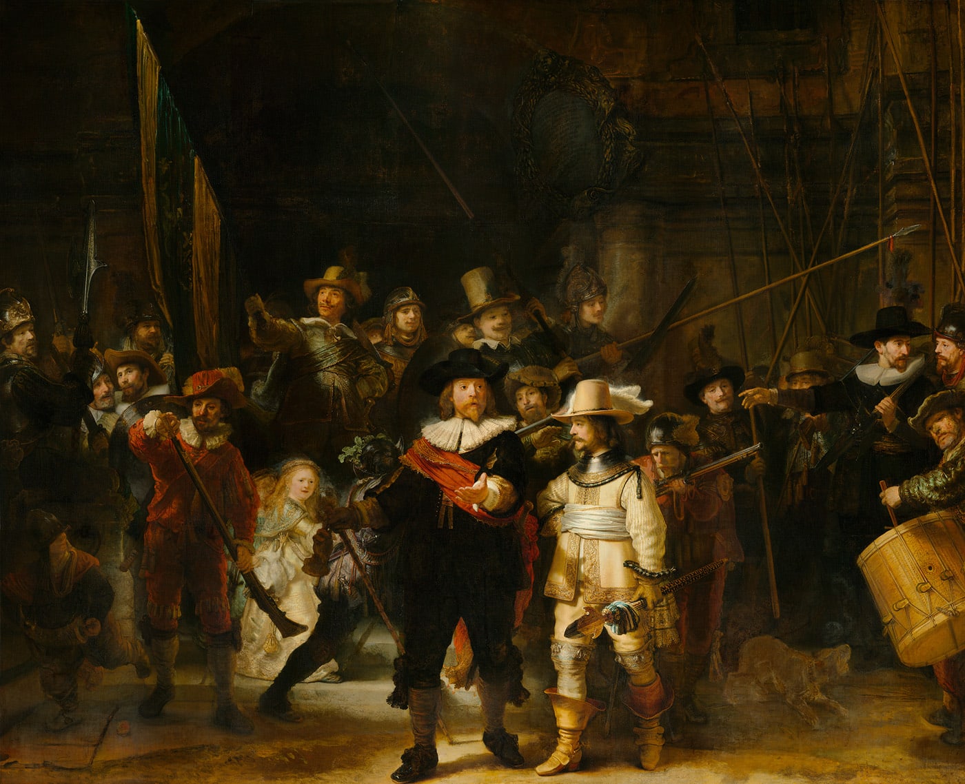 The Night Watch, Rembrandt van Rijn, 1642, Oil on canvas, 363 cm × 437 cm (142.9 in × 172.0 in)