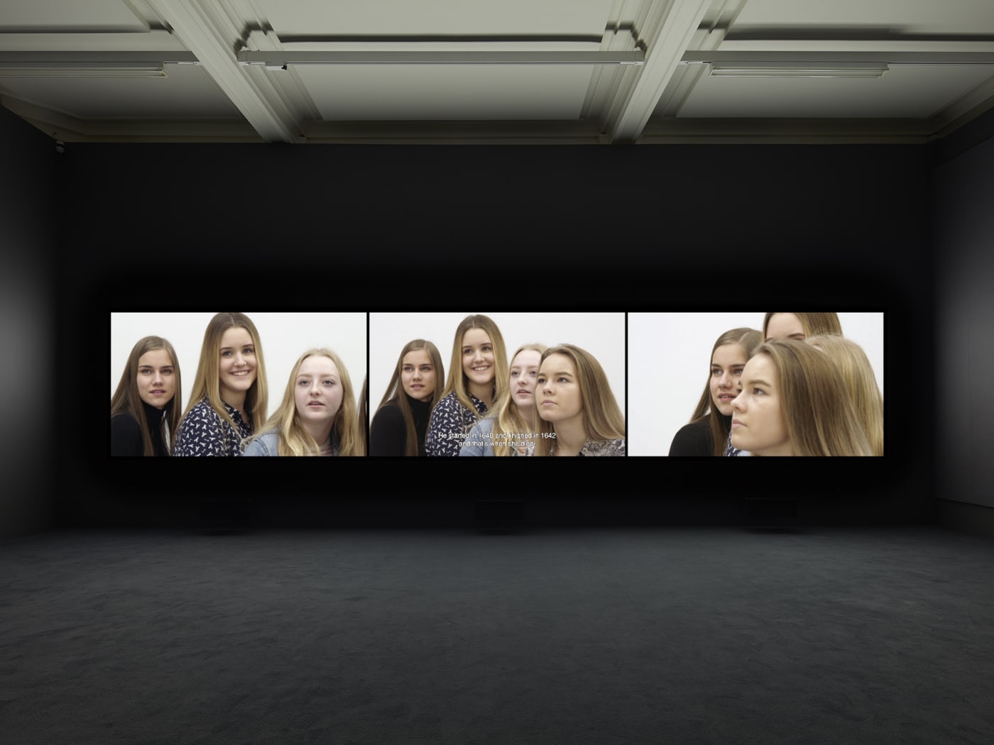 Installation view of Rineke Dijkstra's video projection "Nightwatching"
