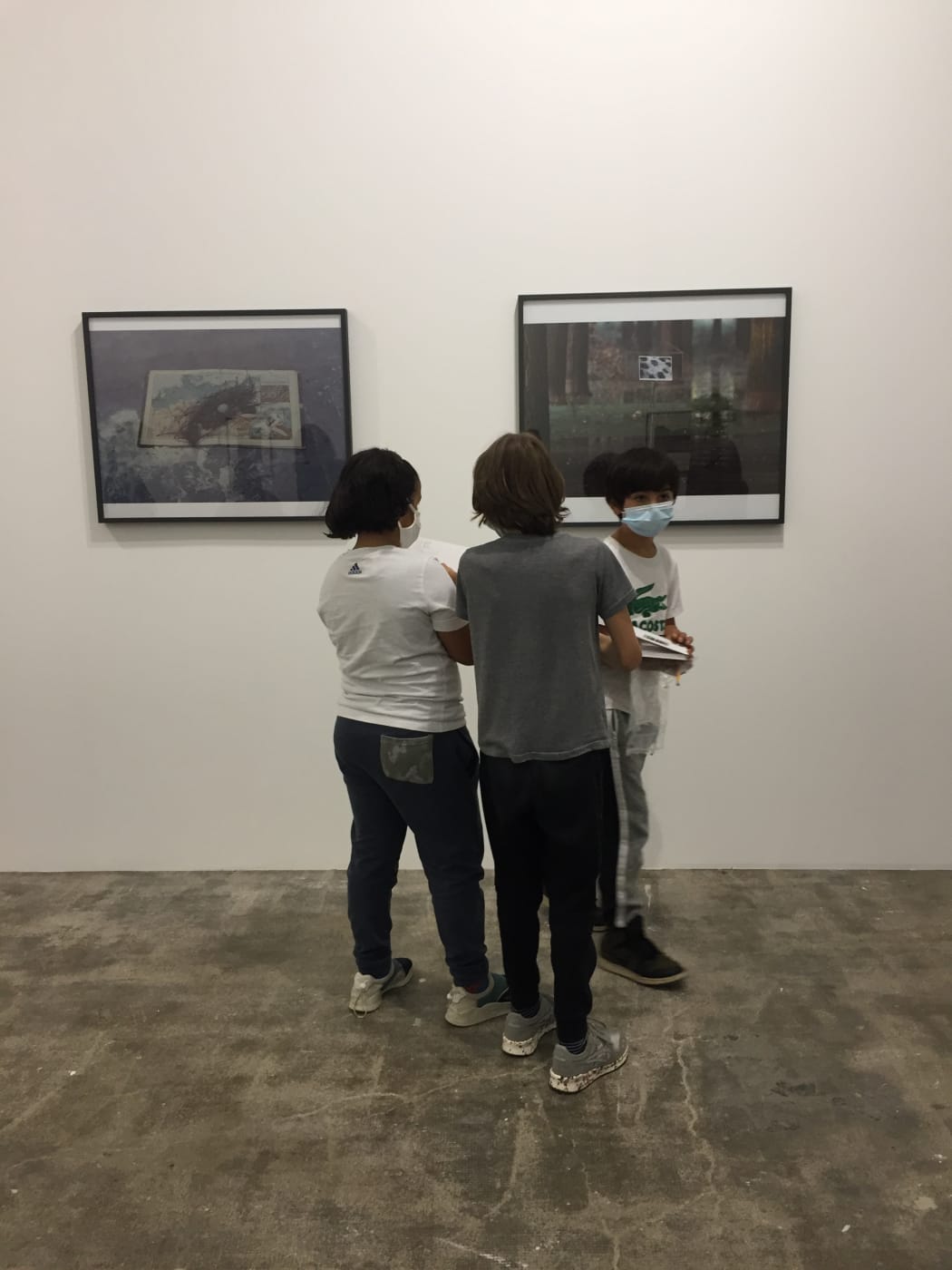 Teenagers looking at photographs by lothar Baumgarten in the gallery of Marian Goodman Paris