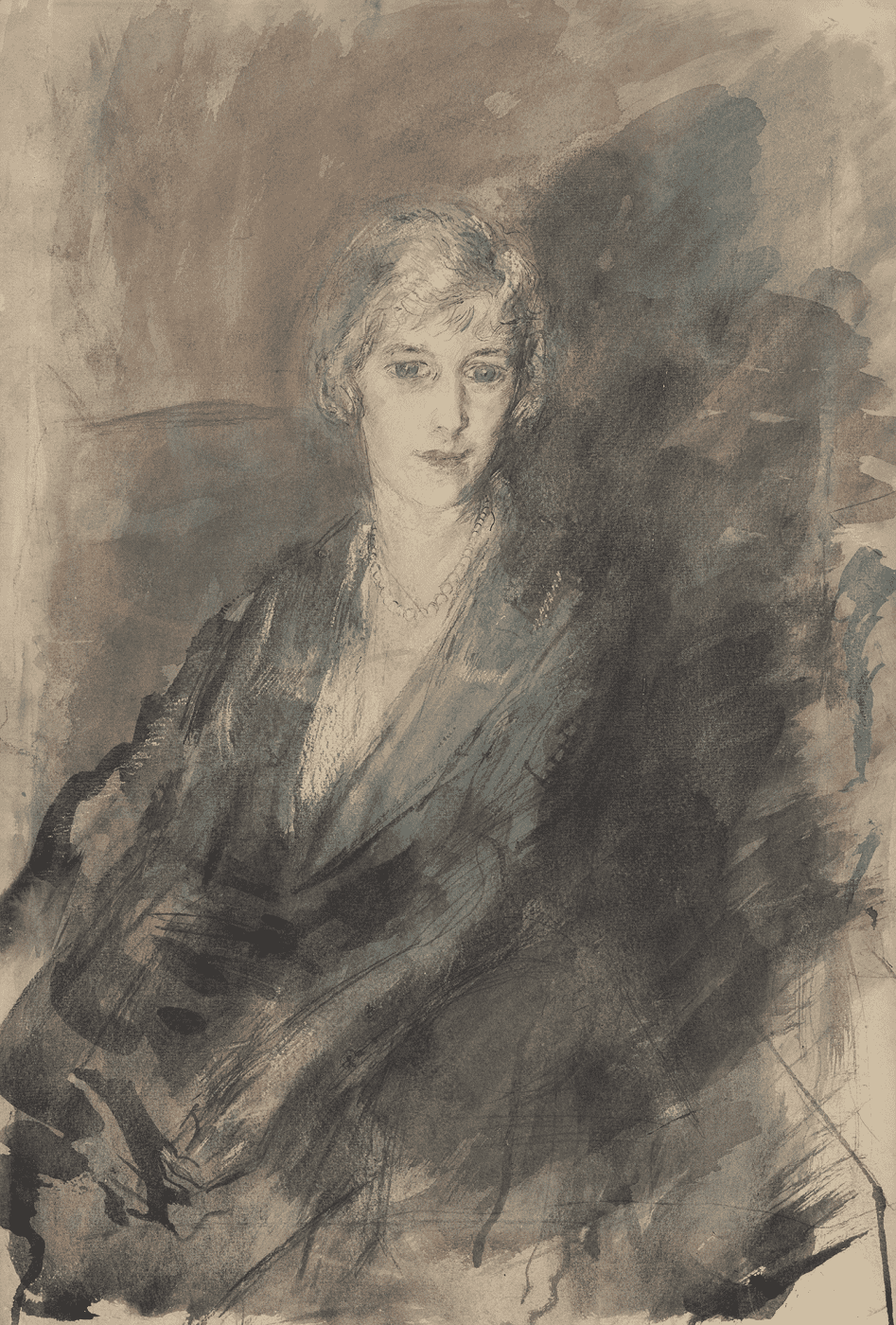 lady Duer Mackay by Ambrose McEvoy, she is here depicted against an abstract background