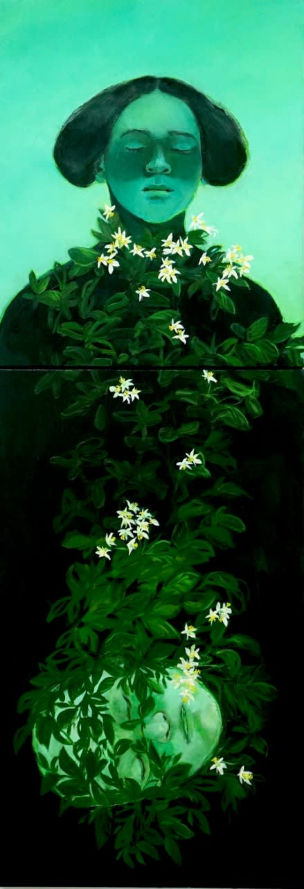 LISA WRIGHT The Mystery of Tears, From the Fourth Day - Fifth Story, 2020 Oil on two joined canvases 140...