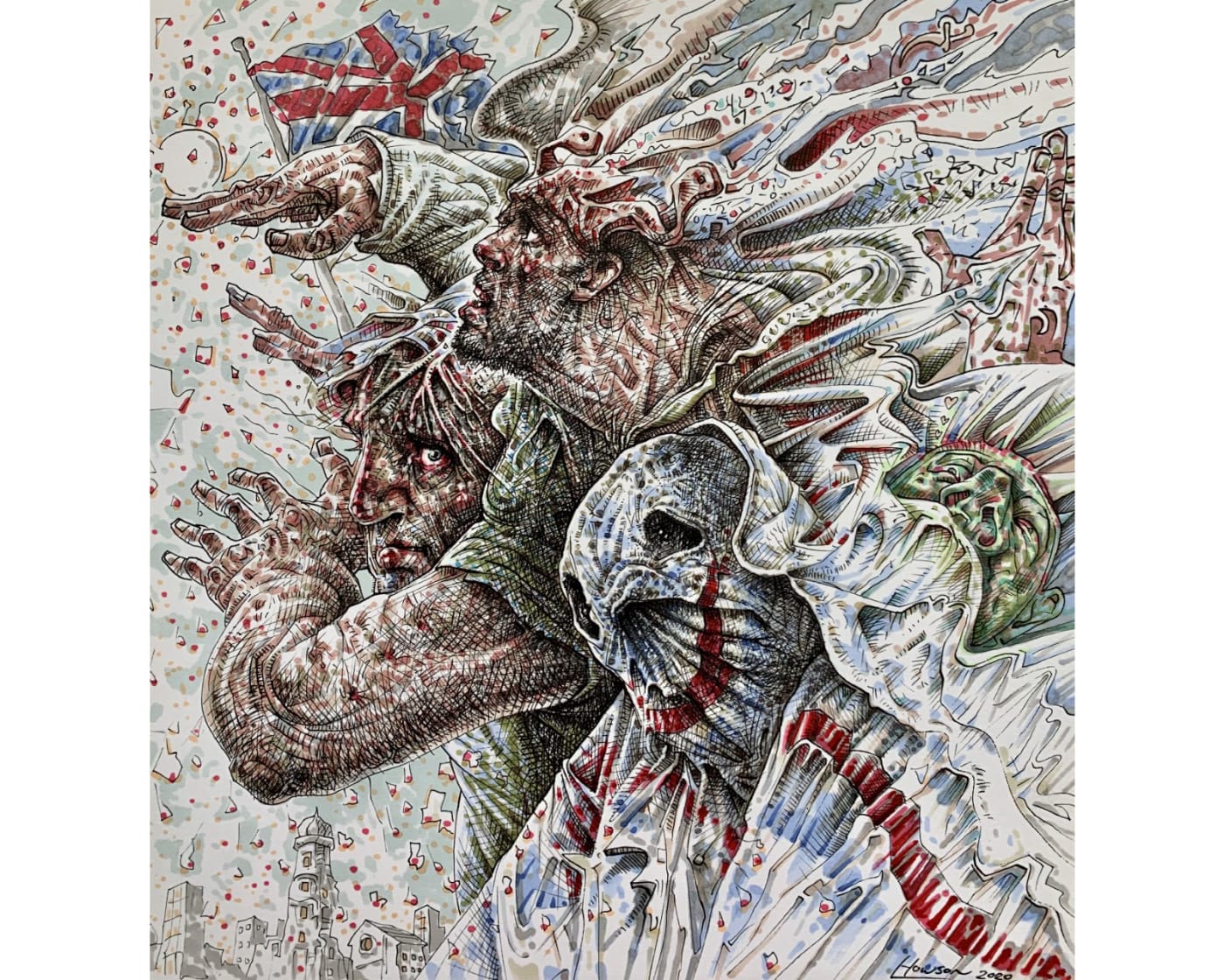 Peter Howson Till We Have Faces, 2020 Various inks on paper 24 x 23 cm | 9 1/2 x 9...