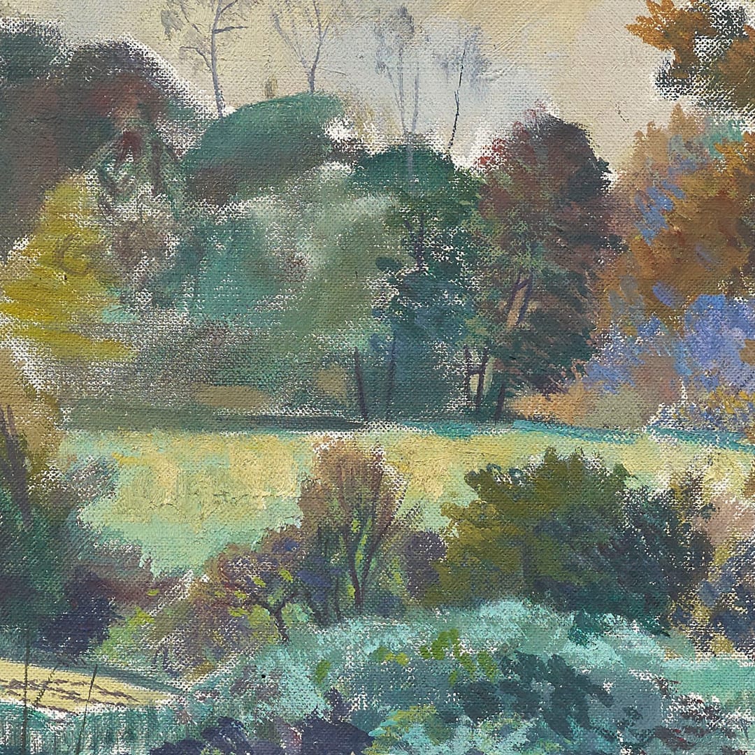 Detail of a wooded landscape by Britih artist Gilbert Spencer.