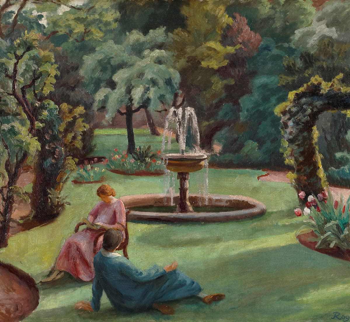 painting by roger fry at newington house two figures sit in the foreground against a background of a fountain garden flowers and trees
