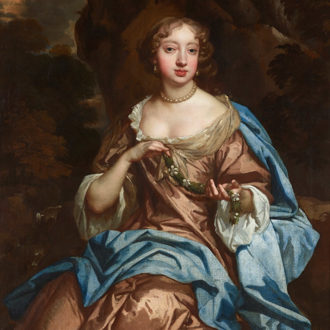 Portrait by Sir Peter Lely, of a woman in a broze silk dress and blue covering