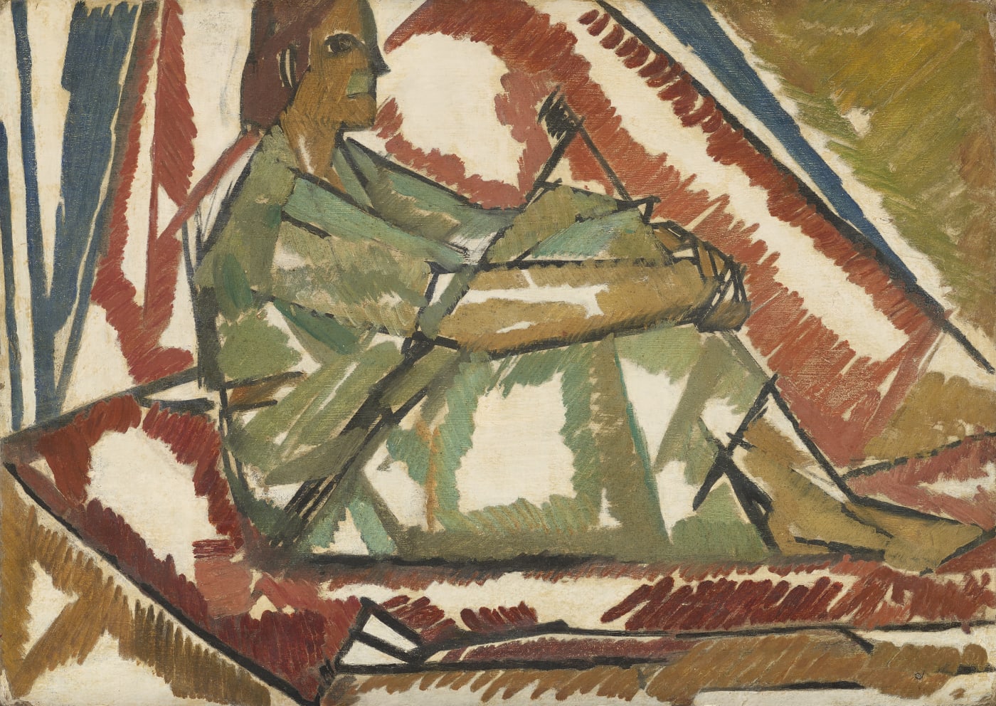 a seated figure by Vanessa Bell. a figure sits side profile to the viewer in red and green against an abstract background.