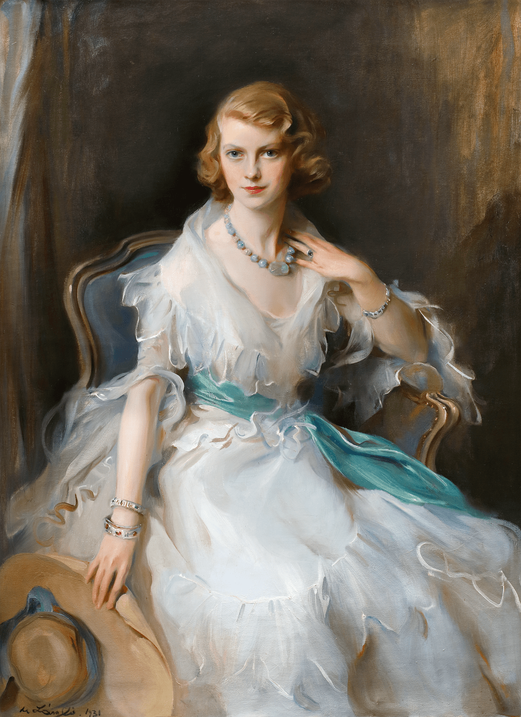 portrait painting of Onnagh Guinness sitting in white fashionable dress by modern british artist Philip de Laszlo