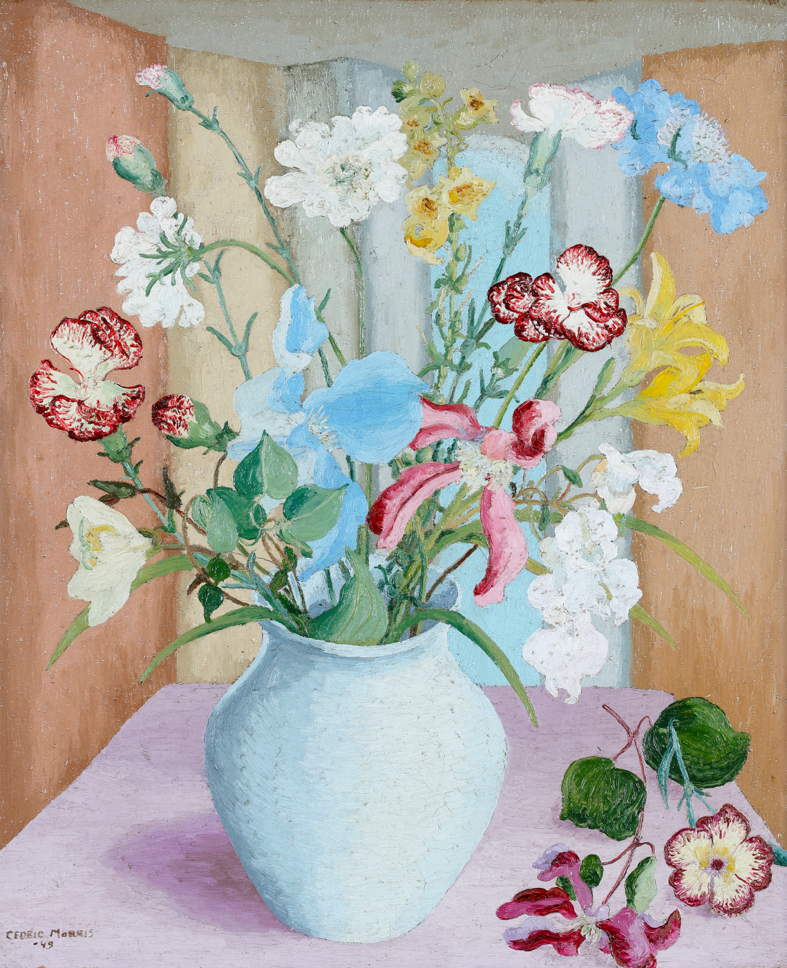 Modern British still life painting by Cedric Morris of summer flowers in a blue jug