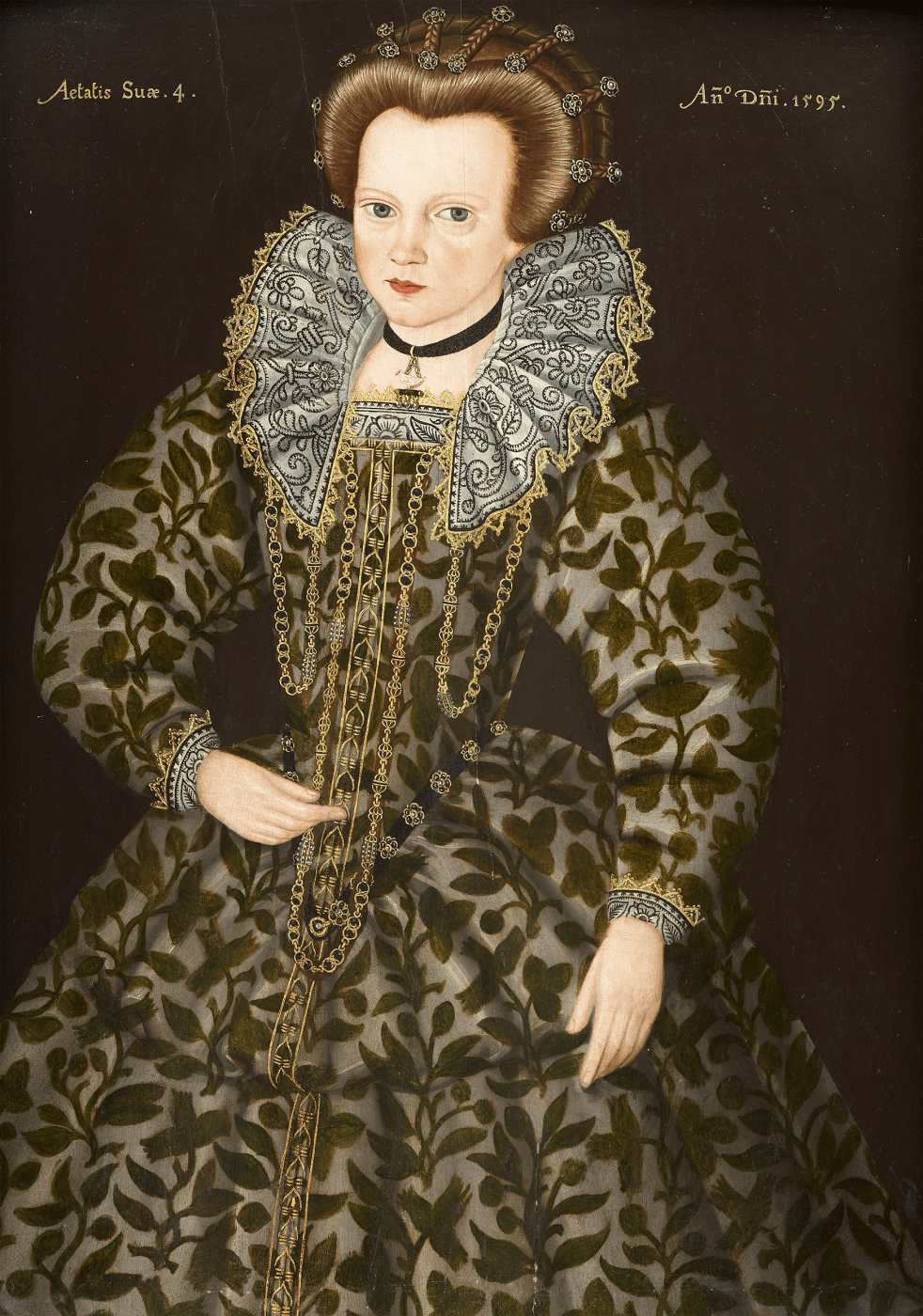 Portrait old master painting of a young Tudor girl dressed in 16th century dress and ruff