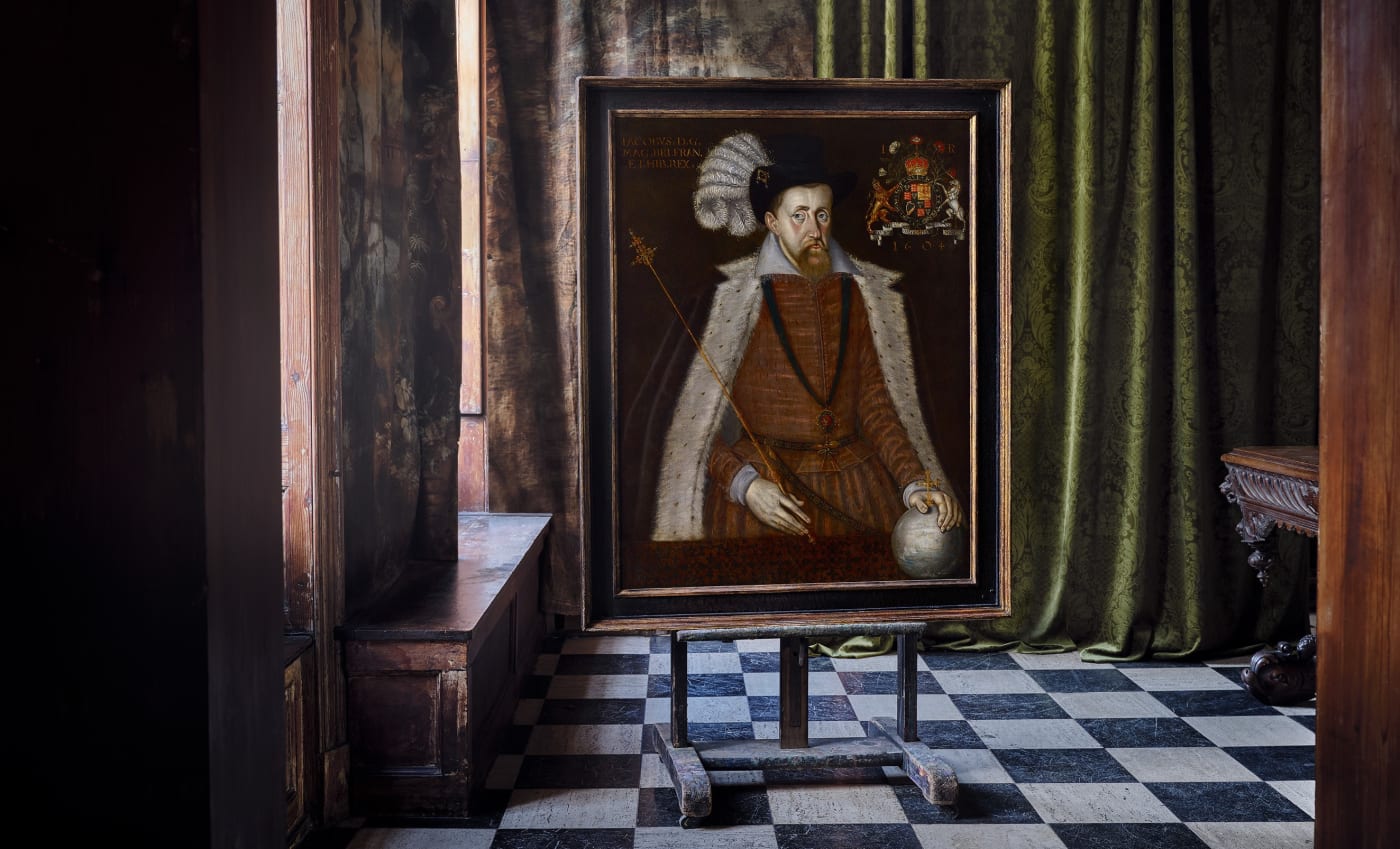 Jacobean portrait painting of king james on an easel at charter house on display for sale