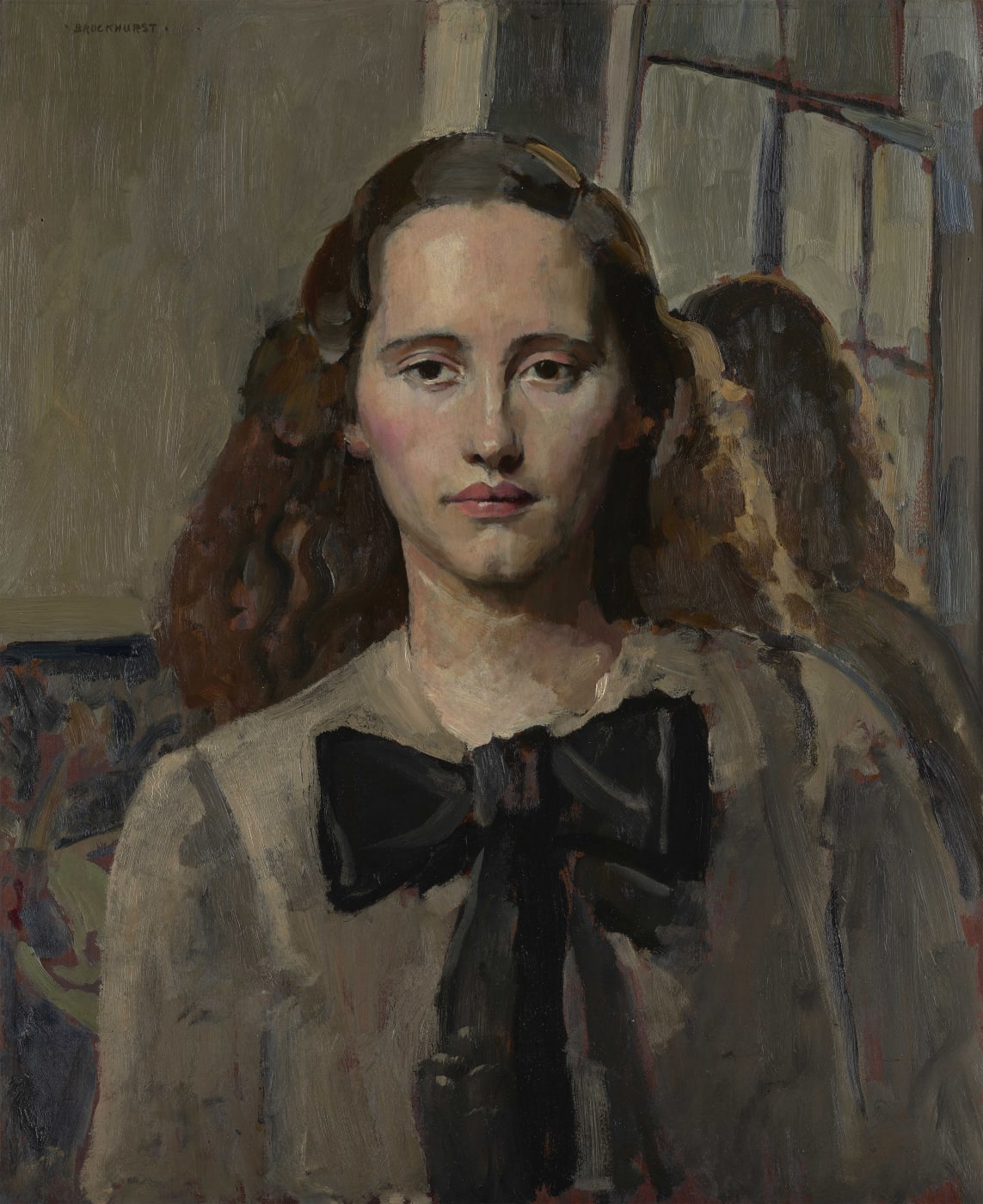 Portrait of Nancy Woodward in a grey dress and black bow around the collar, by Gerald Leslie Brockhurst.