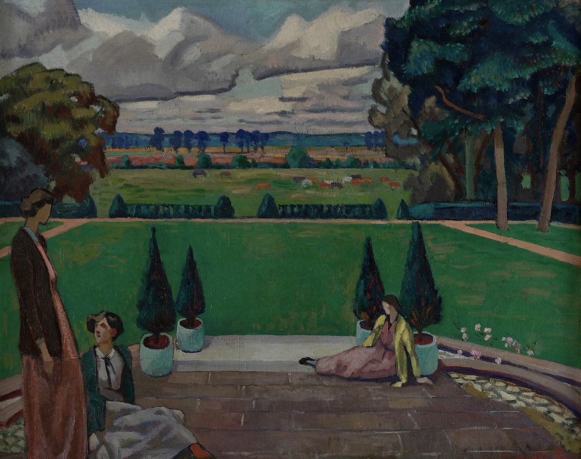 Painting by Roger Fry, friends in the garden painted in greens and blues