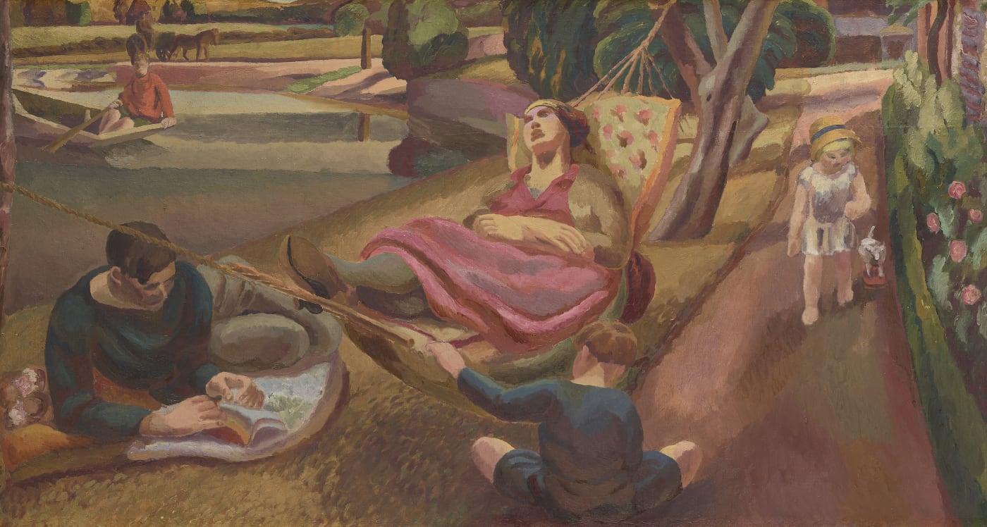 The Hammock by Duncan Grant. Vanessa Bell is depicted in a hammock in the garden at Charleston. She is surrounded by her children, Angelica, Quentin and Julian.