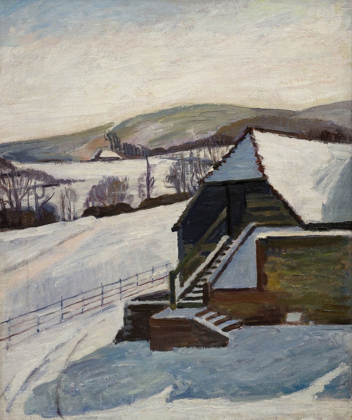 Painting of one of the barns at Charleston House, winter 1940. Painted by Vanessa Bell -