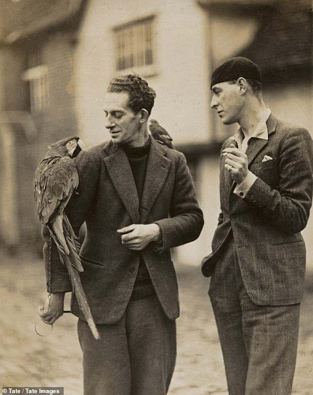 cedric morris and Lett Haines with Rubio the Mcaw, c.1930s.