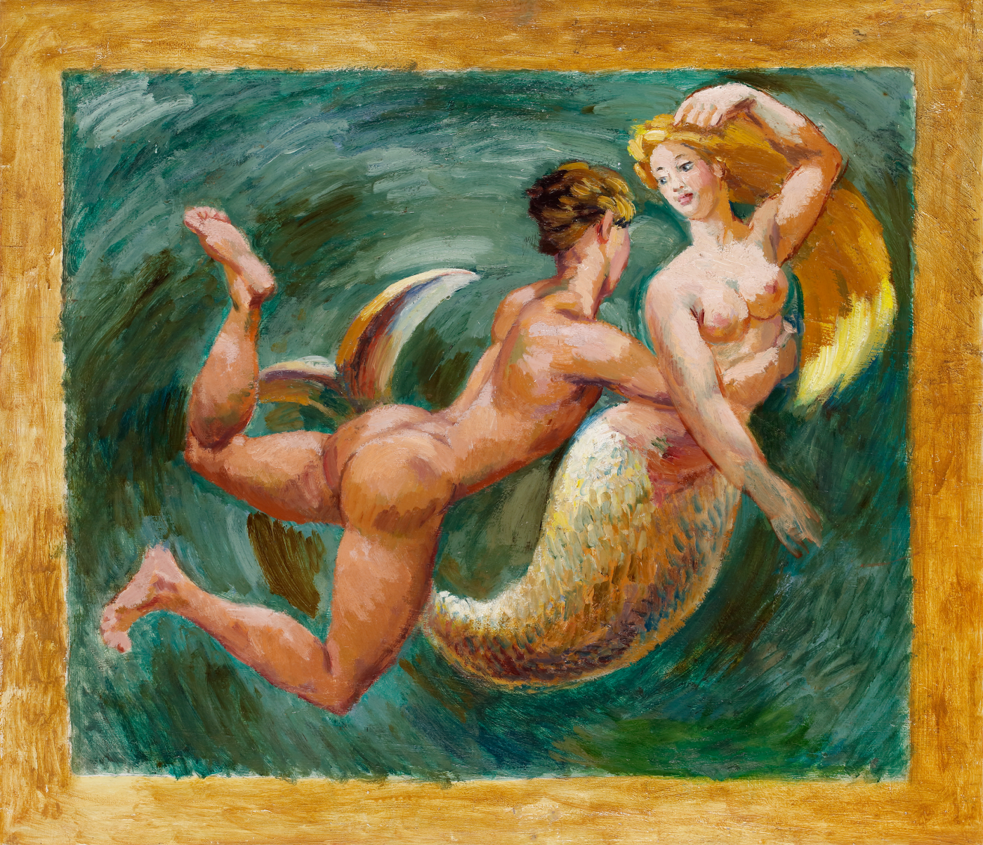 a man and a mermaid swimming in a mystical scene panted by bloomsbury group artist duncan grant the male figure is possibly his friend paul roche