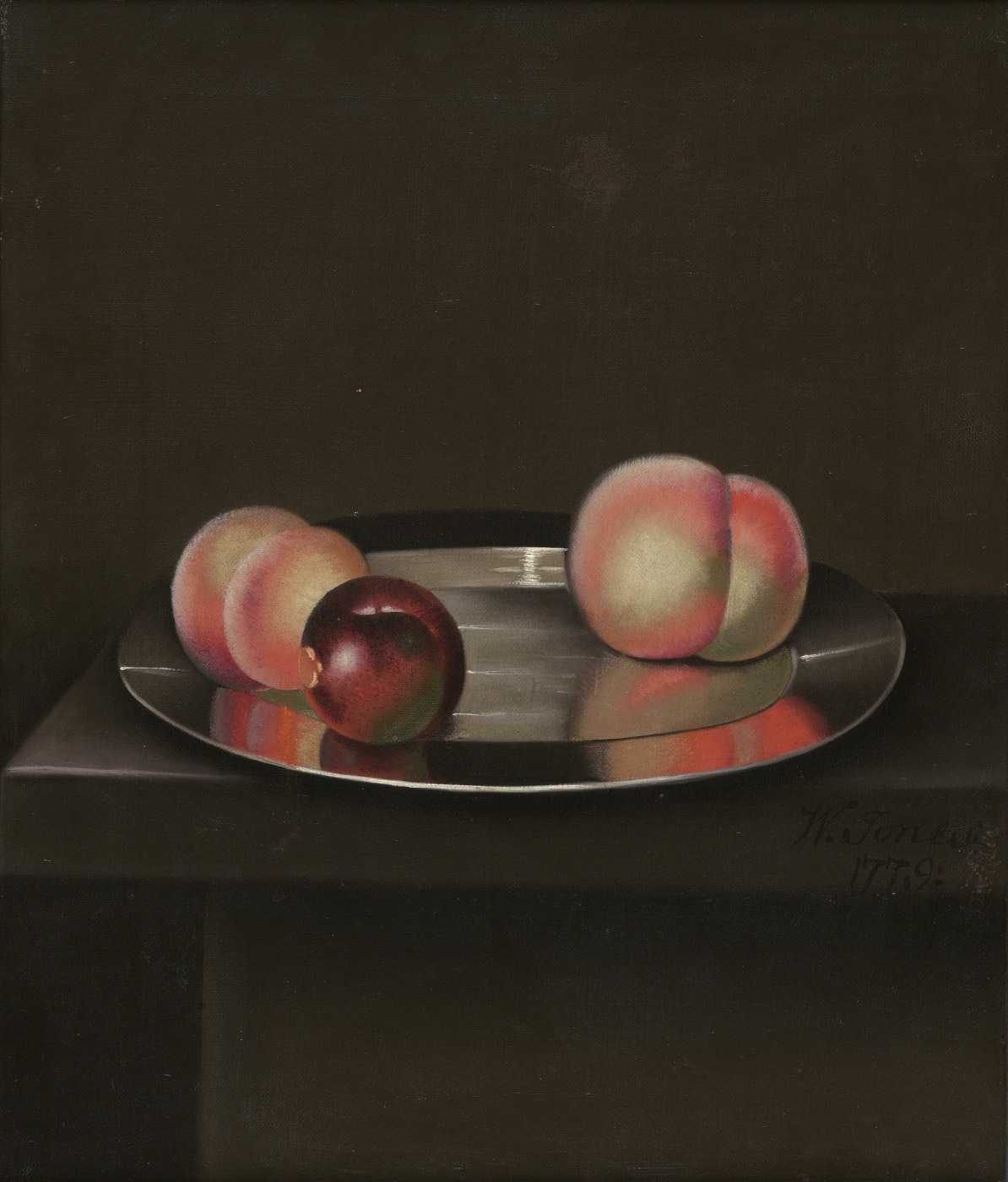 Still Life with Peaches and an apple on a pewter plate