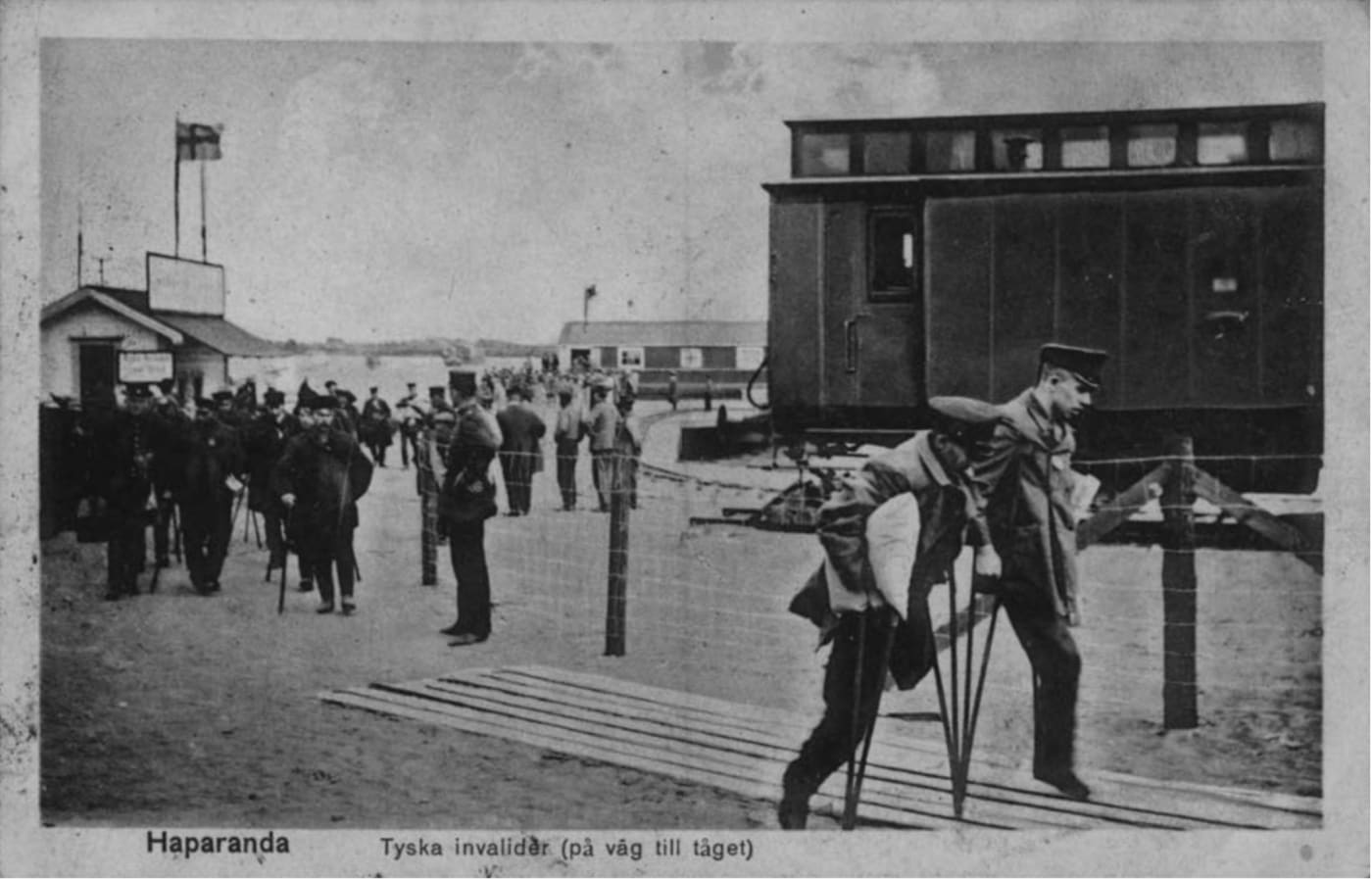 The artist’s original inspiration for the Furor I series is a 1916 postcard depicting soldiers on crutches with missing legs....